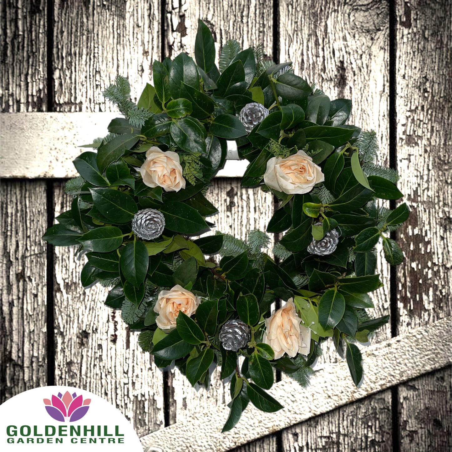 Traditional Holly Wreath with Flowers & Pine Cones
