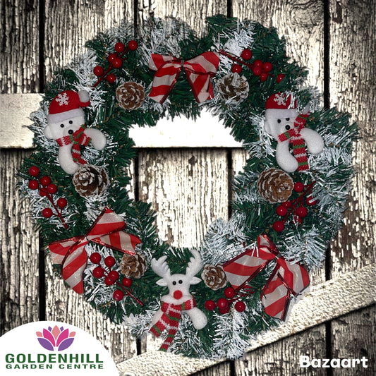 Large Spruce Wreath With Felt Characters, Cones, Berries And Bows. Red/White