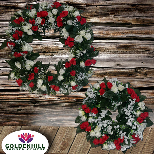 Christmas Artificial Wreath Red & White Rose Bud & Gyp