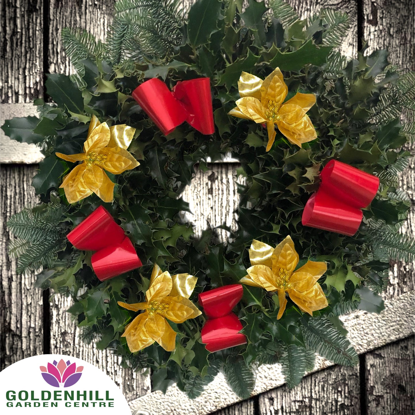 Traditional Holly Wreath with Ribbons & Christmas flowers