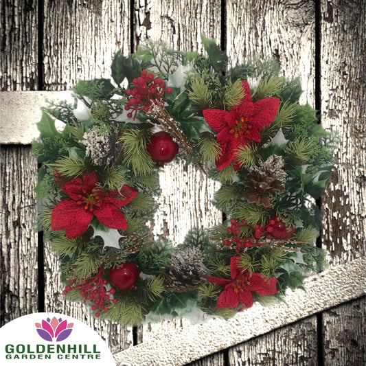 Christmas Wreath Artificial Velvet Poinsettias Snow