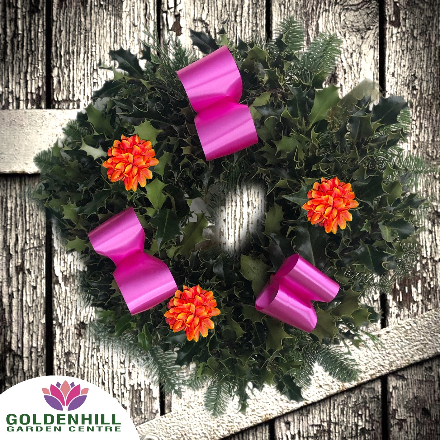 Traditional Holly Wreath Small with Flowers & Ribbons