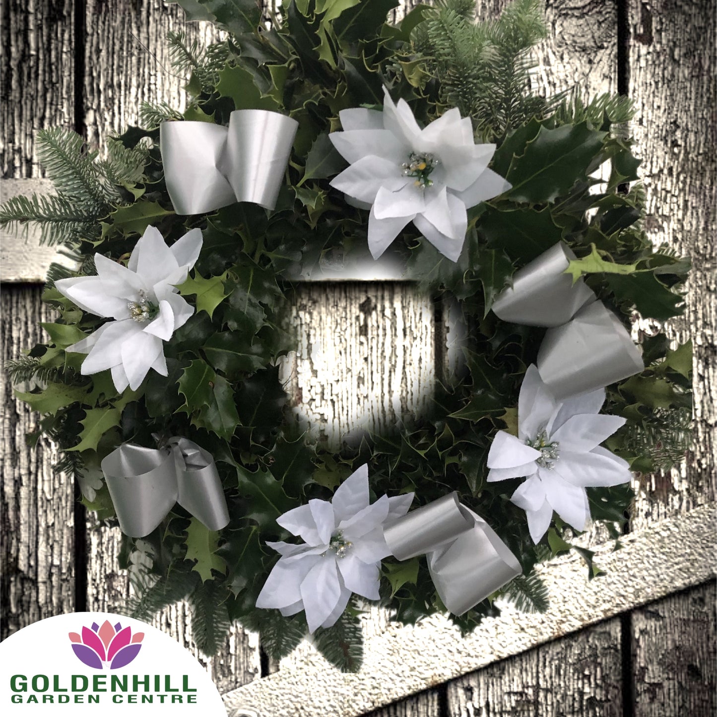 Traditional Holly Wreath with Ribbons & Christmas flowers