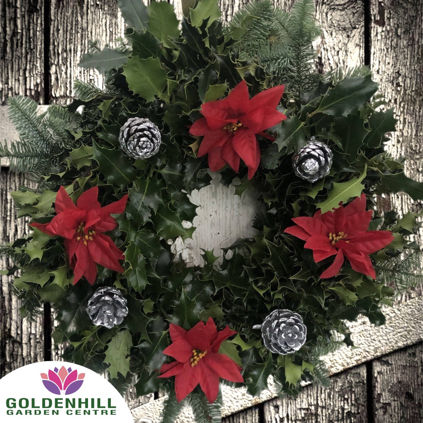 Traditional Holly Wreath with Christmas Flowers & Pine Cones