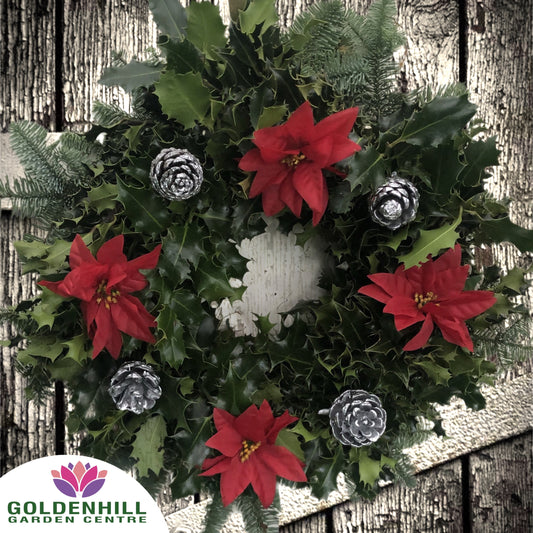 Traditional Holly Wreath with Christmas Flowers & Pine Cones
