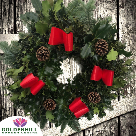 Traditional Holly Wreath with Pine Cones & Ribbons